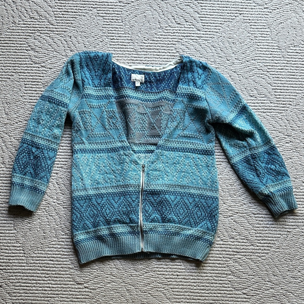 Urban Outfitters Women’s Blue Patterned Zip-Front Sweater Cardigan